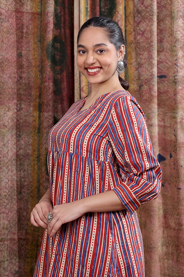 Rust Bagru Cotton Flax Women Midi Dress Long Sleeves WDRLS253C5