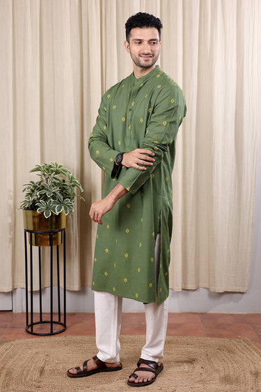 Green Dobby South Cotton Men Long Kurta Full Sleeves MLKFS252C11