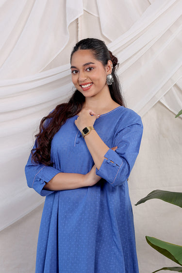 Blue Dyed Cotton Dobby Women Long Kurta