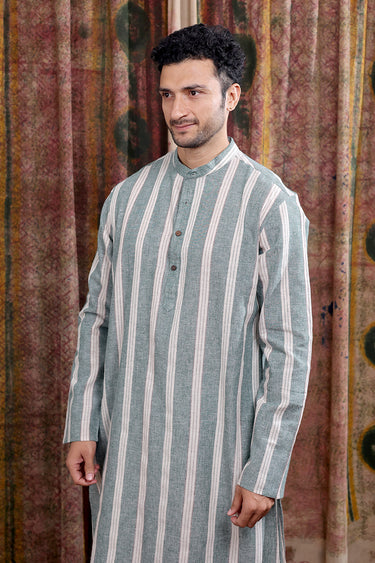 Forest Green Stripes Cotton Linen Men Long Kurta Full Sleeves MLKFS253C33