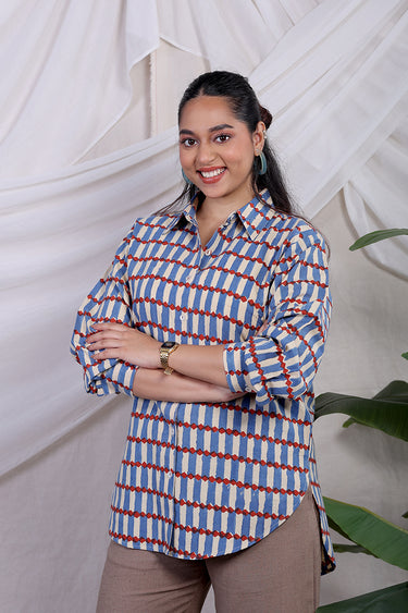 Blue Red Bagru Lite Cotton Flax Women Shirt