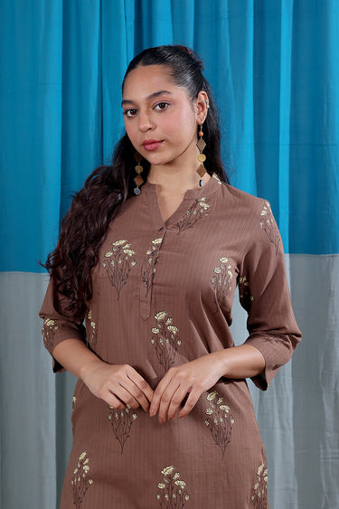 Earth Brown Sanganeri Cotton Misdent  Women Long Kurta