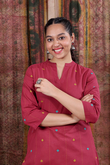 Maroon Dobby Buti South Cotton Women Long Kurta