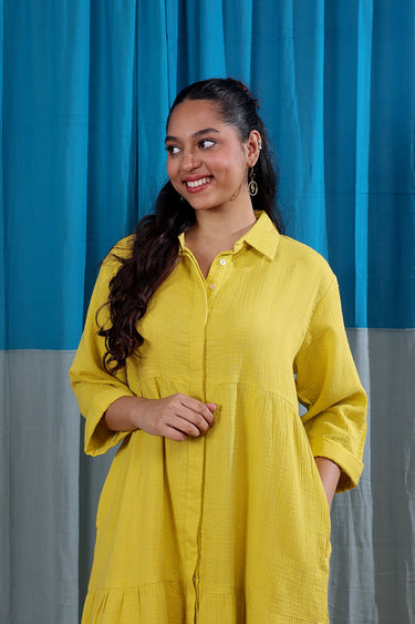 Sunshine Yellow Dyed Cotton Double Cloth Women Midi Dress