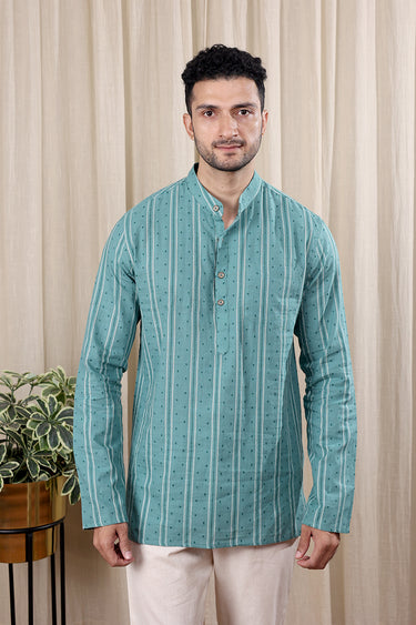 Dark Turquoise Dobby Stripes South Cotton Men Short Kurta Full Sleeves MSKFS252C53