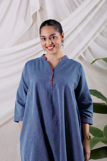 Indigo Blue Stripes South Cotton Flax Women Long Kurta