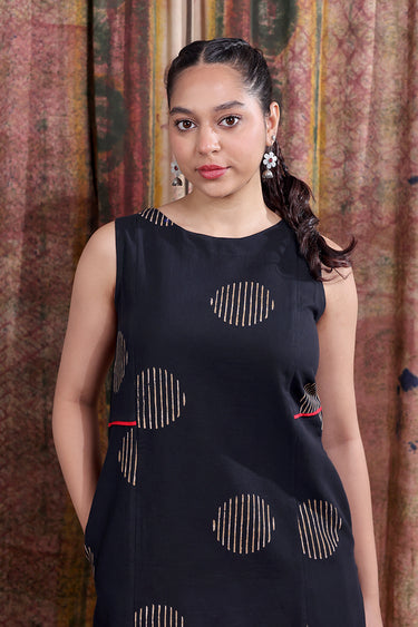 Black Sanganeri Cotton Flax Women Midi Dress Sleeveless WDRSL253C29