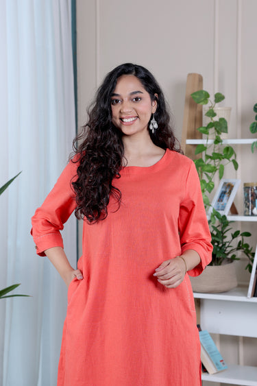Dark Coral Dyed Classic Cotton Linen Women Long Kurta