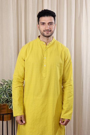 Burnt Yellow Checks South Cotton Men Long Kurta Full Sleeves MLKFS252C23