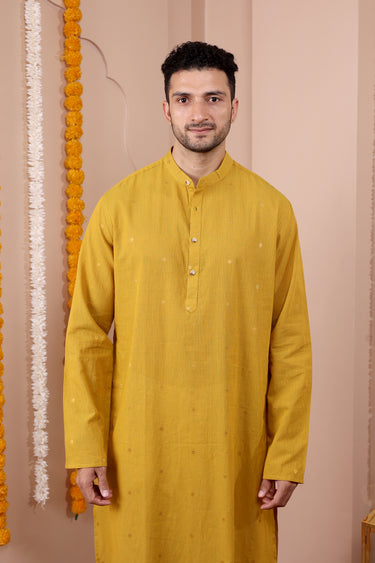 Mustard Gold Butti South Cotton Men Long Kurta Full Sleeves MLKFS252C29