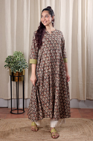 Grey Kalamkari Cotton Women Ankle Kurta Long Sleeves WAKLS252C7