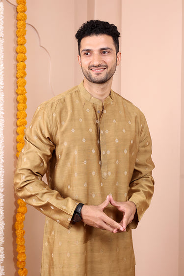 Brown Jaquard Banarasi Silk Men Long Kurta Full Sleeves MLKFS252C32
