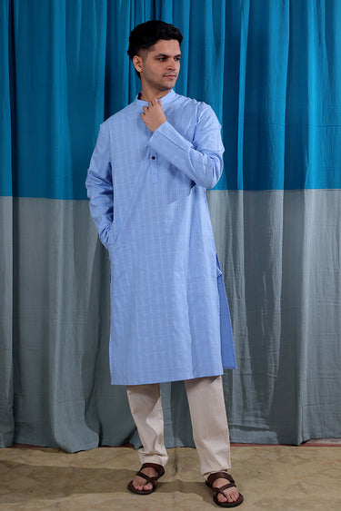 Powder Blue Dobby Checks Natural Cotton Linen Men Long Kurta Full Sleeves MLKFS122517