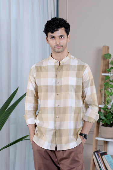 Peach Beige Checks South Cotton Men Shirt