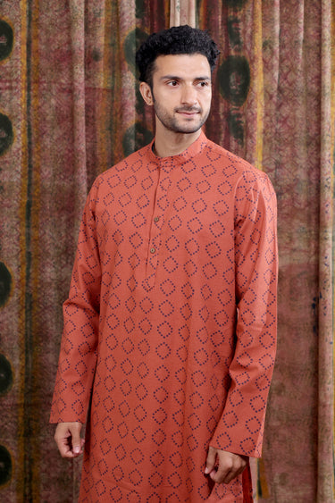 Rust Sanganeri Cotton  Linen Men Long Kurta Full Sleeves MLKFS253C20