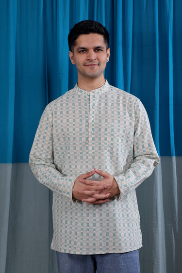 Teal Blue Sanganeri Natural Cotton Linen Men Short Kurta Full Sleeves MSKFS01265