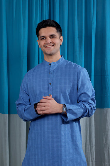 Indigo Blue Dobby Checks Natural Cotton Linen Men Long Kurta Full Sleeves MLKFS122518