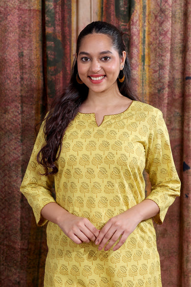 Yellow Bagru Cotton Dobby Women Long Kurta