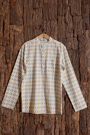 Teal Blue Sanganeri Cotton Linen Men Short Kurta Full Sleeves MSKFS253C2