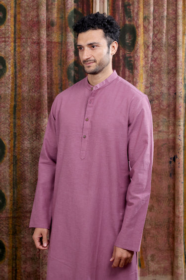 Mauve Yarn Dyed Cotton Flax Men Long Kurta Full Sleeves MLKFS253C29