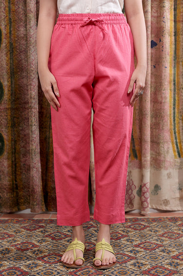 Dark Pink Hand Dyed Cotton Linen Women Ankle Pant WAKPT252C32