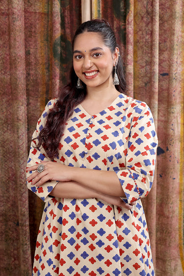 Rust Blue Bagru Fine Cotton Women Ankle Kurta Long Sleeves WAKLS252C49