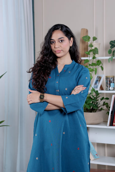 Peacock Blue Dobby South Cotton Women Long Kurta