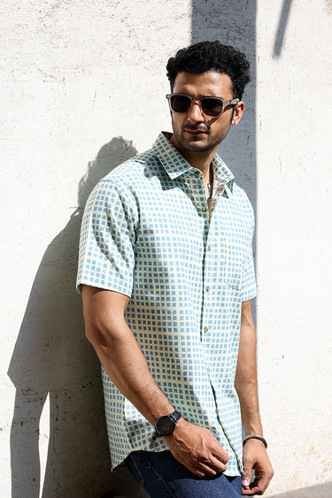 Teal Blue Sanganeri Cotton Linen Men Shirt Half Sleeves MSHHS253C3