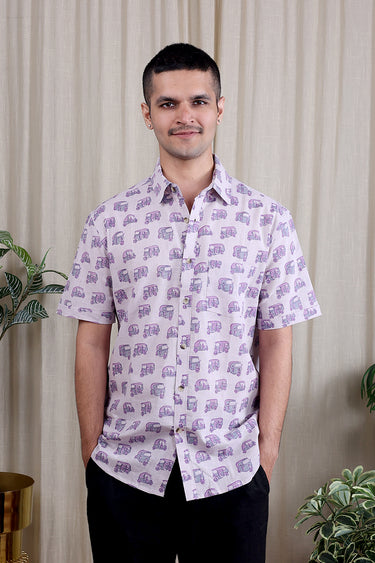 Lilac Sanganeri Cotton Linen Men Shirt Half Sleeves MSHHS062423