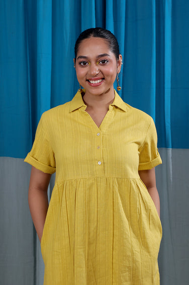 Mustard Yellow Dobby Stripes Natural Cotton Linen Women Midi Dress