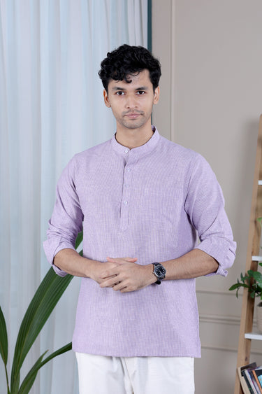 Dusty Mauve Stripes South Cotton Flax Men Short Kurta