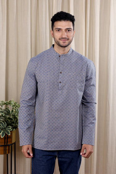 Blue Sanganeri Amber Cotton Men Short Kurta Full Sleeves MSKFS252C13