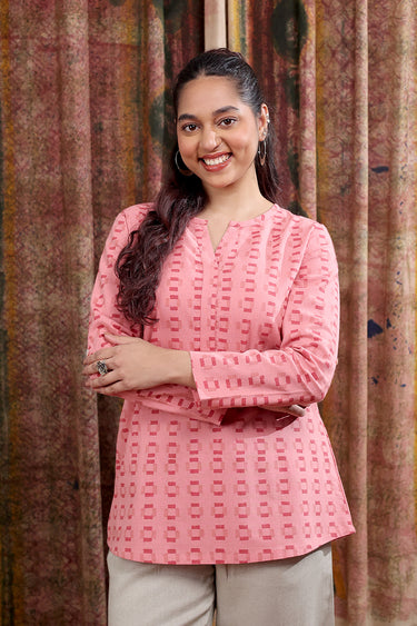 Rose Red Sanganeri Cotton Linen Women Kurti Long Sleeves WKILS253C26