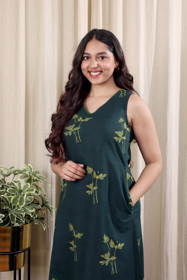 Green Dhabu Cotton Women Midi Dress Sleeveless WDRSL253C5