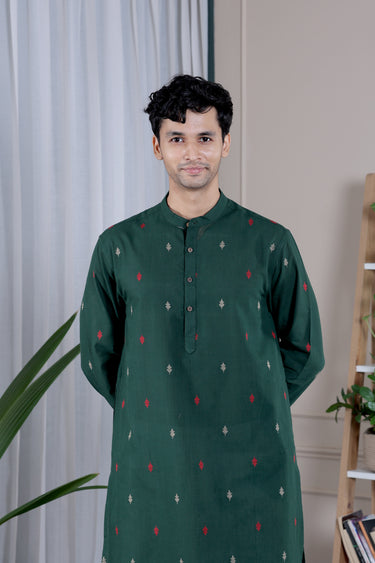 Emerald Green Dobby South Cotton Men Long Kurta