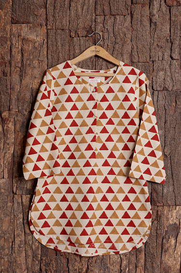 Red Brown Bagru Cotton Flax Women Kurti Long Sleeves WKILS253C78