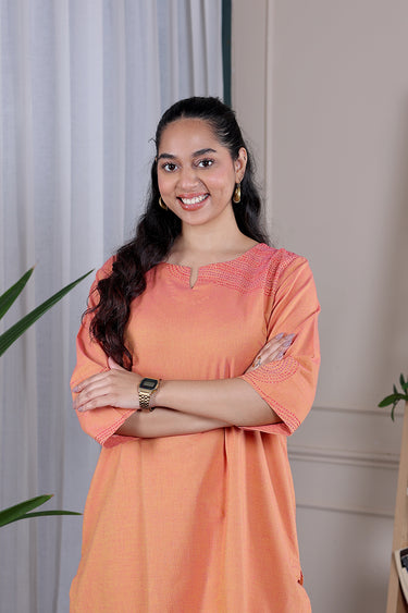 Yellow Pink Hand Embroidery Fine Cotton Women Long Kurta