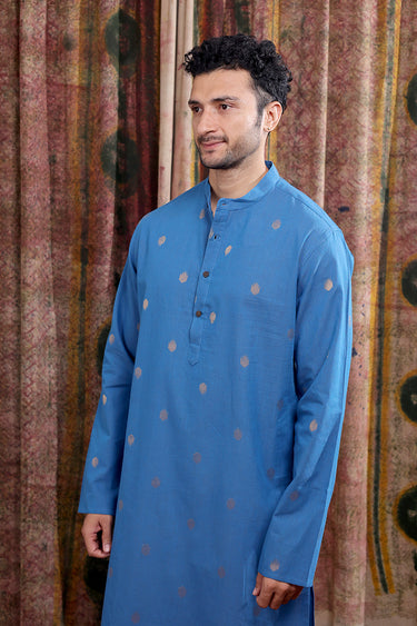 Blue Zari Buti South Cotton Men Long Kurta Full Sleeves MLKFS253C16