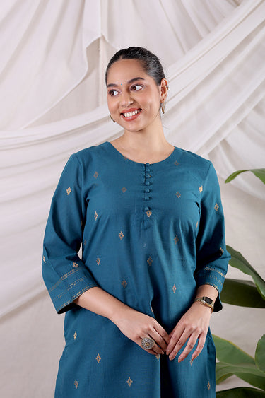 Teal Blue Zari Buti South Cotton Women Long Kurta