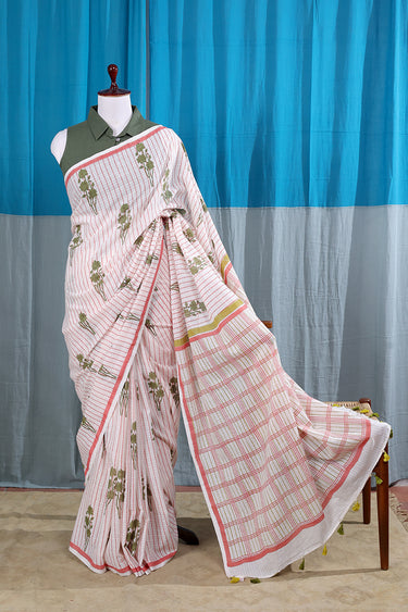 Coral Green Sanganeri Cotton Malmal Dobby Saree