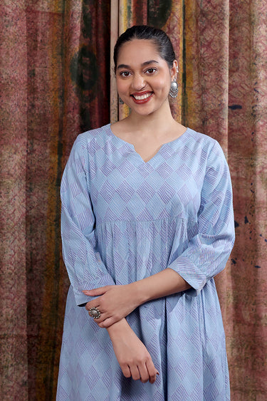 Blue Purple Sanganeri Cotton Blend Women Midi Dress Long Sleeves WDRLS253C2