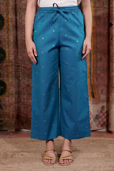 Dark Teal Zari Buti South Cotton Women Flared Pant