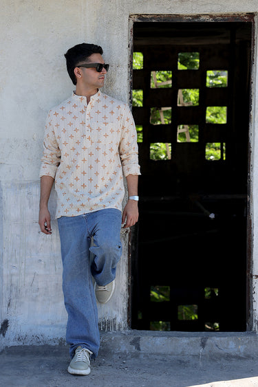 Orange Sanganeri Natural Cotton Linen Men Short Kurta Full Sleeves MSKFS12254