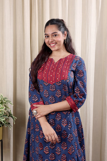 Indigo Hand Embroidery Dhabu Cotton Women Long Kurta Long Sleeves WLKLS252C94