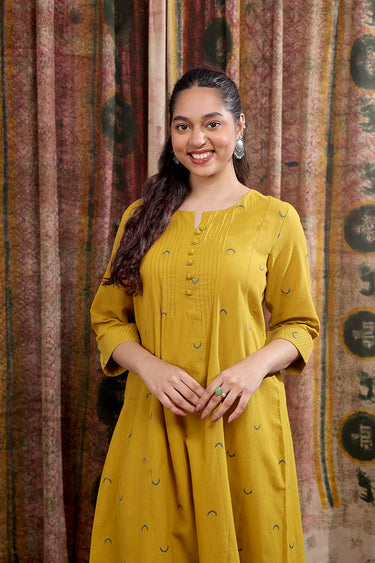 Ochre Dobby Buti South Cotton Women Ankle Kurta Long Sleeves WAKLS252C46