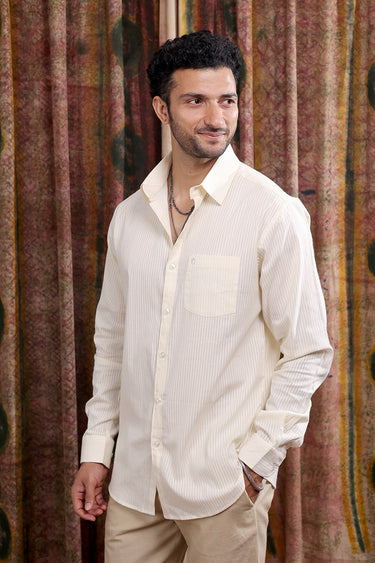 Ecru Hand Dyed Cotton Seer Sucker Men Shirt Full Sleeves MSHFS252C7