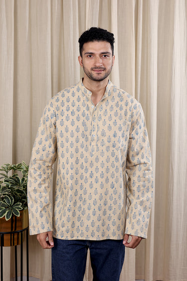 Beige Sanganeri Cotton Flax Herring Bone Men Short Kurta Full Sleeves MSKFS252C2