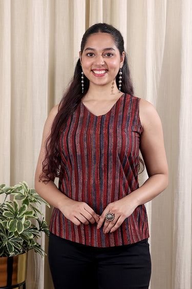 Black Ajrakh Cotton Women Short Top Sleeveless WSTSL252C105