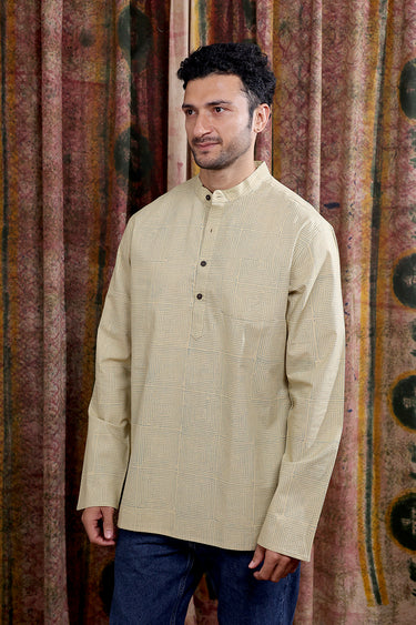 Beige Sanganeri Cotton Slub Men Short Kurta Full Sleeves MSKFS252C21