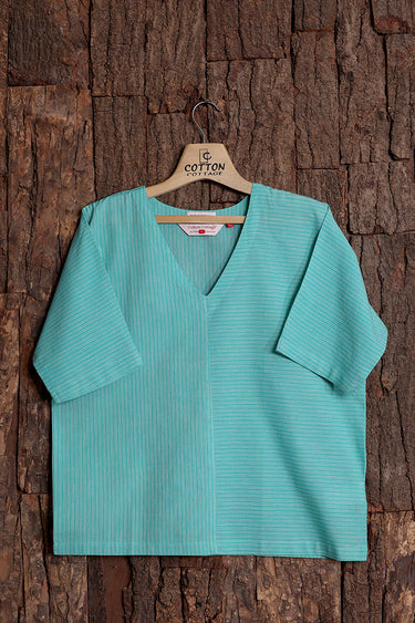 Aqua Green Stripes South Cotton  Women Short Top Long Sleeves WSTLS01268